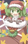  bell blush bow christmas commentary gaoo_(frpjx283) gift giving gloves green_eyes green_hair hair_bobbles hair_ornament hat highres kisume red_bow ribbon santa_costume santa_gloves santa_hat smile star stocking_stuffer touhou two_side_up wreath 