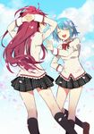  ^_^ arms_behind_head blush bow closed_eyes cloud day grin hair_bow hair_ornament hairclip karuha kneehighs long_hair mahou_shoujo_madoka_magica miki_sayaka multiple_girls petals plaid plaid_skirt ponytail red_hair sakura_kyouko school_uniform short_hair skirt sky smile 