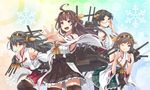  ;) adjusting_eyewear ahoge bare_shoulders black_hair boots brown_hair clenched_hands detached_sleeves double_bun frilled_skirt frills glasses hair_ornament hairband haruna_(kantai_collection) headgear hiei_(kantai_collection) honeycomb_(pattern) honeycomb_background japanese_clothes kantai_collection kirishima_(kantai_collection) kongou_(kantai_collection) long_hair multiple_girls nontraditional_miko one_eye_closed open_mouth outstretched_arm outstretched_hand pantyhose plaid plaid_skirt pleated_skirt ribbon-trimmed_sleeves ribbon_trim short_hair skirt smile snowflakes thigh_boots thighhighs v-mag zettai_ryouiki 