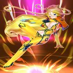  ;) blonde_hair blue_eyes bodysuit breasts capelet cleavage cleavage_cutout commentary_request energy_gun eyelashes hayami_yuujirou highres large_breasts long_hair navel_cutout one_eye_closed ray_gun skin_tight smile solo tentacles_tactics very_long_hair weapon yellow_bodysuit 