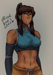  abs alternate_costume avatar_(series) bad_deviantart_id bad_id blue_eyes breasts brown_hair crop_top detached_sleeves hair_tubes high_ponytail iahfy korra medium_breasts navel sidelocks simple_background taut_clothes the_legend_of_korra toned 