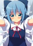  bad_id bad_pixiv_id blue_dress blue_eyes blue_hair blush bow cirno commentary dress hair_bow heart ice ice_wings incoming_hug looking_at_viewer oniku_(shimofuri-ke) outstretched_arms puffy_sleeves shirt short_sleeves smile solo touhou wings 