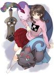  braid brown_eyes brown_hair checkered checkered_shirt gen_5_pokemon gen_6_pokemon highres honedge ichinose_natsuki jitome kneehighs madotsuki musharna no_shoes pink_shirt pokemon pokemon_(creature) pokemon_(game) pokemon_bw shirt skirt sweater twin_braids white_legwear yume_nikki zorua 