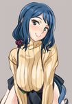  apron blue_hair blush breasts green_eyes grey_background gundam gundam_build_fighters haro_button_badge iori_rinko large_breasts lips lipstick long_hair looking_at_viewer makeup mature ponytail ribbed_sweater simple_background smile solo sweater tonbo turtleneck 