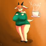  animal_ears anthro big_breasts blush bottomless breasts caprine chubby clothing coffee female fur goat hair half-closed half-closed_eyes hooves horn huge_breasts kouhi_(character) looking_at_viewer mammal orange_eyes orange_hair pakki-sukibe_(artist) plain_background smile solo standing sweater text thick_thighs wide_hips 