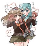  animal_ears aqua_hair bad_id bad_pixiv_id bear_ears bear_paw blue_eyes brown_hair hair_ornament hairclip heart heart-shaped_pupils kantai_collection kemonomimi_mode kumano_(kantai_collection) lacolon long_hair multiple_girls ponytail skirt suzuya_(kantai_collection) symbol-shaped_pupils thighhighs translated 