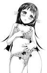  akino_sora blush bra breasts d: greyscale hand_on_own_chest hand_on_own_stomach highres lingerie long_hair looking_at_viewer monochrome mukaido_manaka nagi_no_asukara navel open_mouth panties small_breasts solo underwear underwear_only 