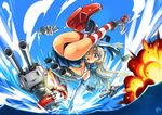  &gt;_&lt; anchor ass black_panties blonde_hair blue_eyes cannon closed_eyes elbow_gloves explosion gloves hair_ornament high_heels kantai_collection lifebuoy long_hair miniskirt ocean panties pantyshot phandit_thirathon red_legwear rensouhou-chan shimakaze_(kantai_collection) skirt socks striped striped_legwear thighhighs underwear white_gloves 