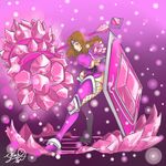  armor blush breasts brown_hair crystal fishnets forehead_protector genderswap genderswap_(mtf) hammer large_breasts league_of_legends long_hair pink_eyes shield sideboob solo taric thighhighs trombe weapon 