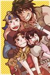  3boys blue_eyes blue_headband brown_eyes brown_hair closed_eyes flik gensou_suikoden gensou_suikoden_ii gloves hand_on_another's_head hand_on_shoulder headband mukumuku multiple_boys nanami_(suikoden) polka_dot polka_dot_background riou scarf short_hair smile t_t_n viktor yellow_background 