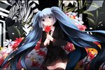  bad_id bad_pixiv_id blue_eyes blue_hair flower hatsune_miku long_hair necktie saihate_(vocaloid) shouen_kigashi skirt solo thighhighs twintails very_long_hair vocaloid zebra 