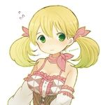  atelier_(series) atelier_rorona ayu_(mog) bad_id bad_pixiv_id bare_shoulders blonde_hair breasts cleavage detached_sleeves green_eyes hair_ribbon large_breasts lionela_heinze ribbon solo sweatdrop twintails upper_body wavy_mouth white_sleeves 