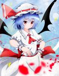 ascot bat_wings blue_background blue_hair brooch fingernails floral_background hand_on_hip hat hat_ribbon highres jewelry light_particles light_smile looking_at_viewer mob_cap petals red_eyes remilia_scarlet ribbon sharp_fingernails short_hair skirt skirt_set touhou wings wrist_cuffs ymd_(holudoun) 