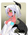  bare_shoulders black_wings blush breasts copyright_request criss-cross_halter demon_tail detached_sleeves dress halterneck head_wings looking_at_viewer medium_breasts red_skin shirow_(crazy) solo tail twintails upper_body white_dress white_hair wings yellow_eyes 