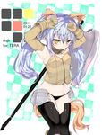  animal_ears arms_up black_legwear black_panties blue_hair detached_sleeves elin_(tera) faulds gloves long_hair panties poleaxe shirow_(crazy) solo tail tera_online thighhighs twintails underwear yellow_eyes 