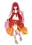  ankle_lace-up bad_id bad_pixiv_id bikini circlet collarbone cross-laced_footwear full_body hair_between_eyes long_hair looking_at_viewer navel original red_eyes red_hair sandals setona_(daice) simple_background solo swimsuit veil very_long_hair white_background 