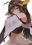  ahoge banned_artist bare_shoulders blush boots brown_hair commentary crying crying_with_eyes_open detached_sleeves frilled_skirt frills hair_ornament hairband headgear japanese_clothes kantai_collection kitsuneko_azarashi kongou_(kantai_collection) leg_hug long_hair looking_at_viewer nontraditional_miko pleated_skirt ribbon-trimmed_sleeves ribbon_trim skirt solo tears thigh_boots thighhighs wavy_mouth 