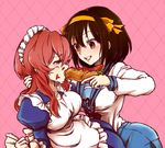  ahorote asahina_mikuru brown_eyes brown_hair feeding hot_dog kita_high_school_uniform long_hair maid multiple_girls rope school_uniform serafuku sexually_suggestive short_hair suzumiya_haruhi suzumiya_haruhi_no_yuuutsu 