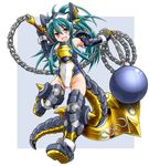 anchor armor chain green_hair karukan_(monjya) long_hair monster_girl open_mouth pink_eyes pointy_ears shinrabanshou shizuku_(shinrabanshou) solo spikes suireiou_shizuku_(shinrabanshou) tail weapon 
