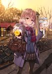  bag blush brown_eyes brown_hair enpera feeding food hibino_mashiro highres jacket looking_at_viewer matsuryuu original pantyhose plaid plaid_scarf plaid_skirt pov_feeding scarf school_uniform short_hair shrine skirt solo stone_lantern sweet_potato torii 