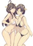  bikini black_hair blue_eyes breasts brown_hair glasses hakaba_(dairiseki) headgear jpeg_artifacts kantai_collection kirishima_(kantai_collection) knees_together kongou_(kantai_collection) large_breasts long_hair looking_at_viewer multiple_girls navel shiny shiny_skin short_hair simple_background smile swimsuit white_background 