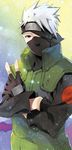  1boy fingerless_gloves flak_jacket gloves half_mask hatake_kakashi looking_at_viewer male male_focus mask naruto seal_(pukozin) solo v white_hair 