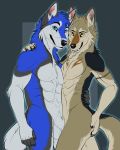  2018 5_fingers amber_eyes animal_genitalia anthro anthro_on_anthro balls black_fur black_nose blue_eyes blue_fur brown_fur canine coyote cuddling digital_media_(artwork) dog duo fangs fondling fur grey_fur hand_on_shoulder husky looking_at_viewer male male/male mammal multicolored_fur muscular muscular_male nude patrikthedog pecs pinup pose romantic_couple sheath simple_background smile standing tan_fur teeth white_fur zeekerz 