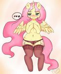 blue_eyes blush clothed clothing cutie_mark equine feathers female fluttershy_(mlp) friendship_is_magic half-dressed hooves horn horse legwear lingerie mammal mingamia my_little_pony navel panties plain_background pony signature solo stockings topless underwear wide_hips winged_unicorn wings 
