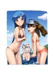  :d ^_^ absurdres ahoge bangs bikini black_eyes blue_hair blunt_bangs breast_envy breasts brown_eyes brown_hair chopsticks closed_eyes crossover crying crying_with_eyes_open flat_chest hairband hand_on_own_cheek hands_on_own_face highres idolmaster idolmaster_(classic) kantai_collection kisaragi_chihaya kousaku long_hair miura_azusa mouth_hold multiple_girls navel open_mouth partially_submerged ryuujou_(kantai_collection) shijou_takane side-tie_bikini silver_hair small_breasts smile smug swimsuit tears twintails visor_cap wading 