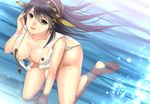  adjusting_hair bare_shoulders barefoot black_hair blush bottomless breasts brown_eyes dripping eko hairband haruna_(kantai_collection) kantai_collection kneeling large_breasts long_hair looking_at_viewer nipple_slip nipples no_bra open_mouth partially_submerged skirt smile solo water wet 