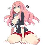  :o alternate_hairstyle barefoot bear_hair_ornament black_bra blue_eyes bra breasts bright_pupils chan_co cleavage danganronpa danganronpa_1 enoshima_junko full_body hair_down hair_ornament large_breasts long_hair looking_at_viewer nail_polish pink_hair simple_background sitting skirt sleeves_rolled_up solo spoilers thighs toenail_polish unbuttoned underwear wariza white_background 