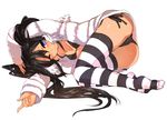  ;) ass bikini black_bikini black_hair blue_eyes blush breasts cameltoe closed_mouth dark_skin fur_trim jacket long_hair one_eye_closed original seria_(shirow) shirow_(crazy) side-tie_bikini small_breasts smile socks solo string_bikini striped striped_legwear swimsuit thighhighs twintails very_long_hair 