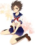  absurdres aki_(645451622) blush brown_eyes brown_hair crossdressing embarrassed frown hair_ornament highres inazuma_eleven_(series) inazuma_eleven_go inazuma_eleven_go_galaxy male_focus matatagi_hayato pleated_skirt school_uniform serafuku sitting skirt solo tears wariza white_background 