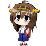  ahoge backpack bag blue_eyes brown_hair chibi collared_shirt double_bun dress_shirt hair_ornament hairband headgear kantai_collection kongou_(kantai_collection) long_hair pleated_skirt randoseru school_uniform shirt skirt solo suspenders twumi white_shirt younger 