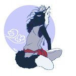  anthro black_fur canine clothing fur gingitsune kemono looking_at_viewer male mammal sitting solo tetsuro wolf 