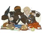  adewale assassin's_creed_(series) assassin's_creed_iv:_black_flag blonde_hair bottle dark_skin dark_skinned_male earrings eating eating_contest edward_kenway food fork gb_(doubleleaf) headband jewelry lobster long_hair multiple_boys potato 