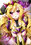  bad_id bad_pixiv_id blonde_hair blush breasts earrings heart heart_earrings horns jewelry lilith_(p&amp;d) long_hair looking_at_viewer medium_breasts myutsusama navel open_mouth pink_eyes pointy_ears puzzle_&amp;_dragons solo tiara very_long_hair 