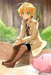  310_(satopoppo) animal blonde_hair boots bush coat green_eyes happy hawk_(nanatsu_no_taizai) knee_boots male_focus meliodas nanatsu_no_taizai pig sitting solo sword sword_hilt tree weapon 