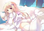  ahoge animal_hood blonde_hair blush bunny_hood feet hood hoodie long_hair looking_at_viewer looking_back loungewear lying natsuki_coco no_shoes on_stomach original panties smile solo tareme thighhighs underwear white_legwear white_panties 