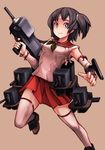  armpits black_hair brown_eyes delta_monster detached_sleeves gun hairband headband highres kantai_collection looking_at_viewer nagara_(kantai_collection) one_side_up short_hair skirt solo thighhighs turret weapon 