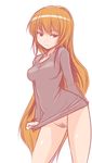  arm_behind_back badhand black_eyes bottomless image_sample long_hair naked_shirt orange_hair pubic_hair shirt shirt_tug simple_background sketch solo tsurime tumblr_sample very_long_hair wide_hips 