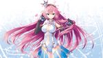  ass_visible_through_thighs black_gloves blue_hair breasts cleavage crown daidou_(demitasse) elbow_gloves gloves goodsmile_racing headphones headset highres large_breasts long_hair megurine_luka mini_crown navel pink_hair race_queen smile solo very_long_hair vocaloid 