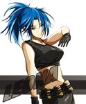  black_gloves blue_eyes blue_hair breasts character_name crop_top explosive gloves grenade impossible_clothes kiri-y leona_heidern long_hair midriff ponytail solo the_king_of_fighters 
