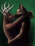  antlers canine cervine couple deer detailed dog duo embrace eye_contact fur gay german_shepherd green_background grey_fur horn hug interspecies love male mammal nose_to_nose nude nuzzle piercing plain_background predator/prey_relations realistic side_view standing waist_up ykoriana 