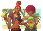  5_fingers afro biped breath_of_the_wild clothing dark_skin duo ear_piercing eyewear female gerudo green_clothing hair humanoid muscular muscular_female nintendo not_furry palm_trees piercing pointy_ears red_clothing red_hair rennerei sand sunglasses the_legend_of_zelda tree video_games water 