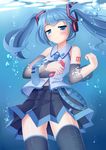  ass_visible_through_thighs bad_id bad_pixiv_id blue_eyes blue_hair blush detached_sleeves digital_dissolve eighth_note hatsune_miku headset highres long_hair musical_note necktie skirt solo thighhighs twintails umitonakai underwater vocaloid 
