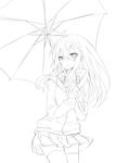  absurdres chabaneko greyscale highres long_hair monochrome original simple_background sketch skirt solo thighhighs umbrella white_background 