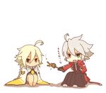  1girl ahoge bad_id bad_pixiv_id black_pants blazblue blonde_hair cape chibi commentary_request heterochromia lambda-11 pants ragna_the_bloodedge red_eyes saria_(tortart) silver_hair stick tartar 