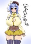  1girl ashling_(no-plan) blue_hair breasts cleavage cosplay elf female hair_ornament hat huge_breasts kawasumi_(ashling) long_hair mahou_shoujo_madoka_magica miniskirt original pointy_ears red_eyes skirt solo standing thighhighs tomoe_mami 