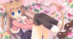  :d animal_ears bad_id bad_pixiv_id birdcage black_legwear blue_eyes blush brown_hair cage cat_ears cat_tail flower hair_intakes hair_ribbon long_hair looking_at_viewer mitsu_king open_mouth original ribbon rose shoes skirt smile solo tail thighhighs two_side_up 